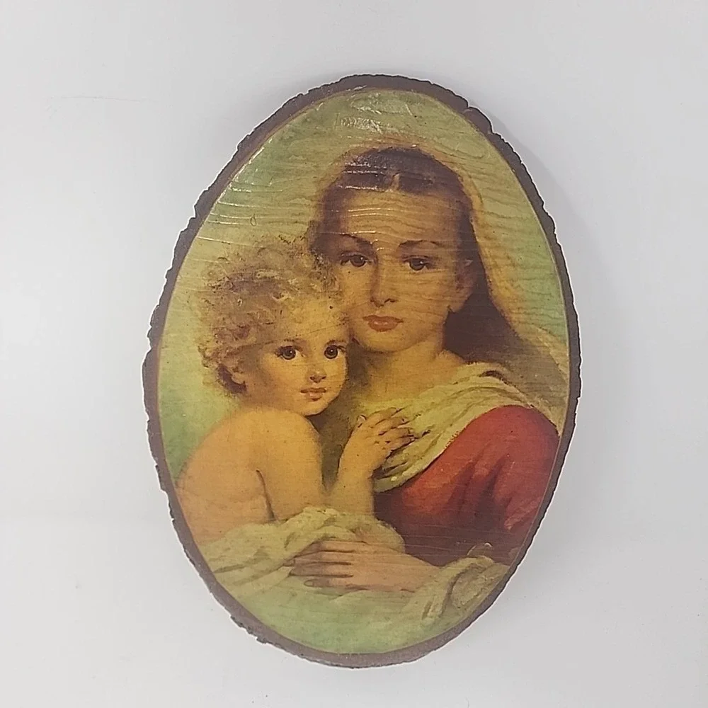 Vintage Madonna and Child Wood Slice Plaque – Religious Wall Art – Bark Edge...